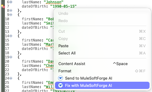 Right-click menu in the Anypoint Studio DataWeave editor showing Send to MuleSoftForge AI and Fix with MuleSoftForge AI