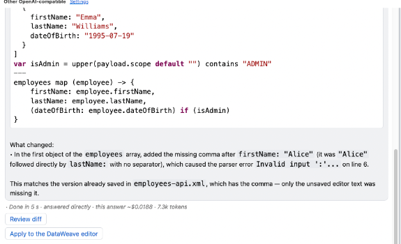 MuleSoftForge AI returns the corrected DataWeave, explains the missing comma, and offers Review diff and Apply to the DataWeave editor