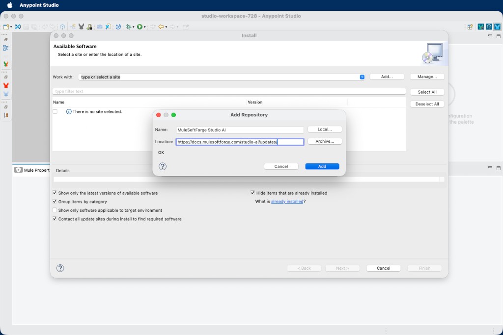 Add Repository dialog with the MuleSoftForge Studio AI update site