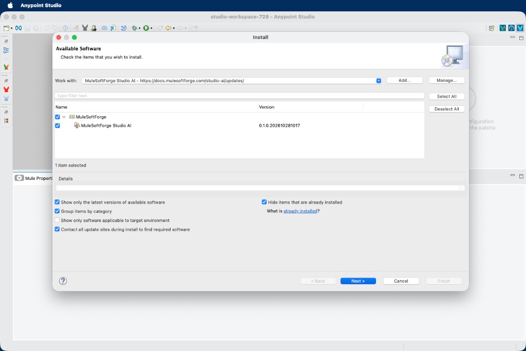 Install dialog with MuleSoftForge Studio AI selected