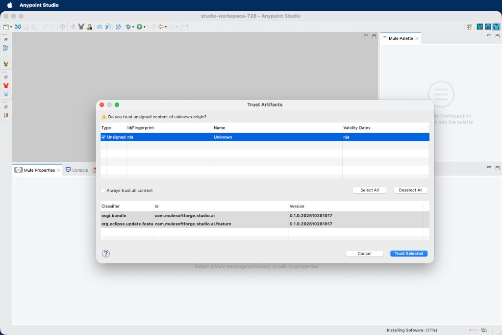 Trust Artifacts dialog listing the MuleSoftForge Studio AI plugin and feature