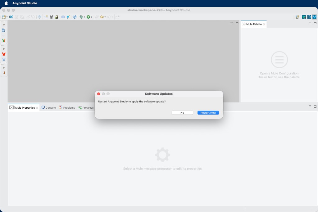 Software Updates dialog asking to restart Anypoint Studio