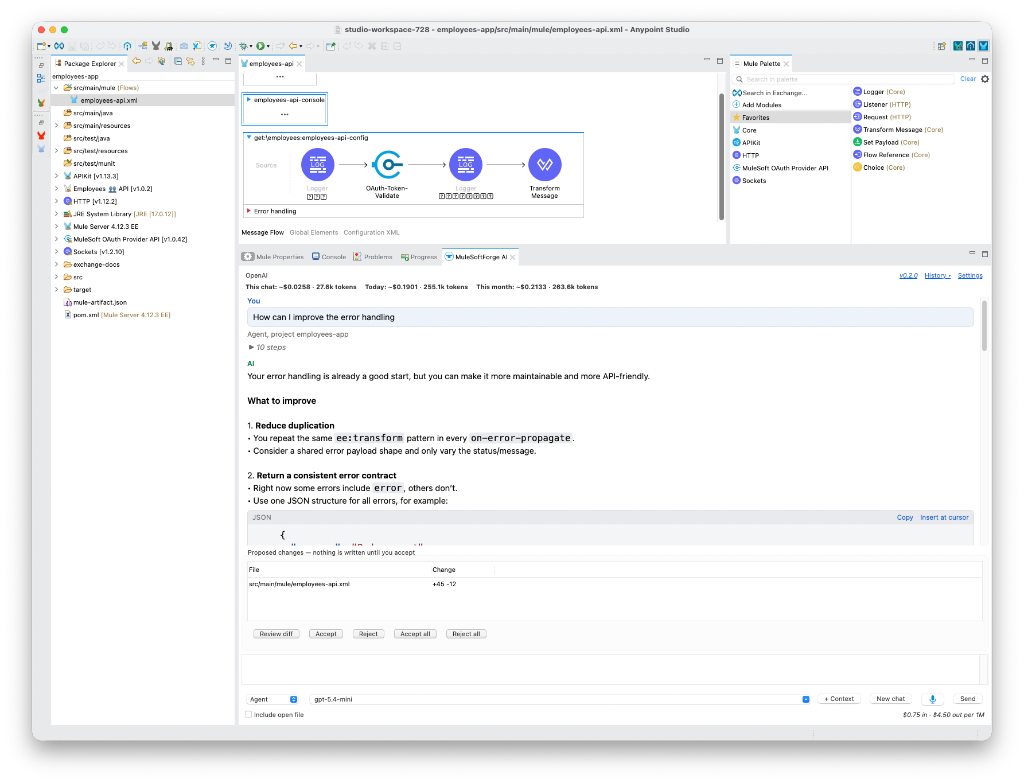 Proposed changes panel under the answer, listing src/main/mule/employees-api.xml with 45 lines added and 12 removed, and Review diff, Accept, Reject buttons