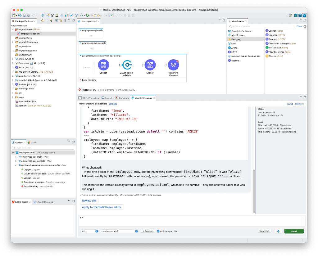 MuleSoftForge AI in Anypoint Studio: asked to fix a Transform Message script, the AI returned the corrected DataWeave, explained the missing comma, and offered Review diff and Apply to the DataWeave editor