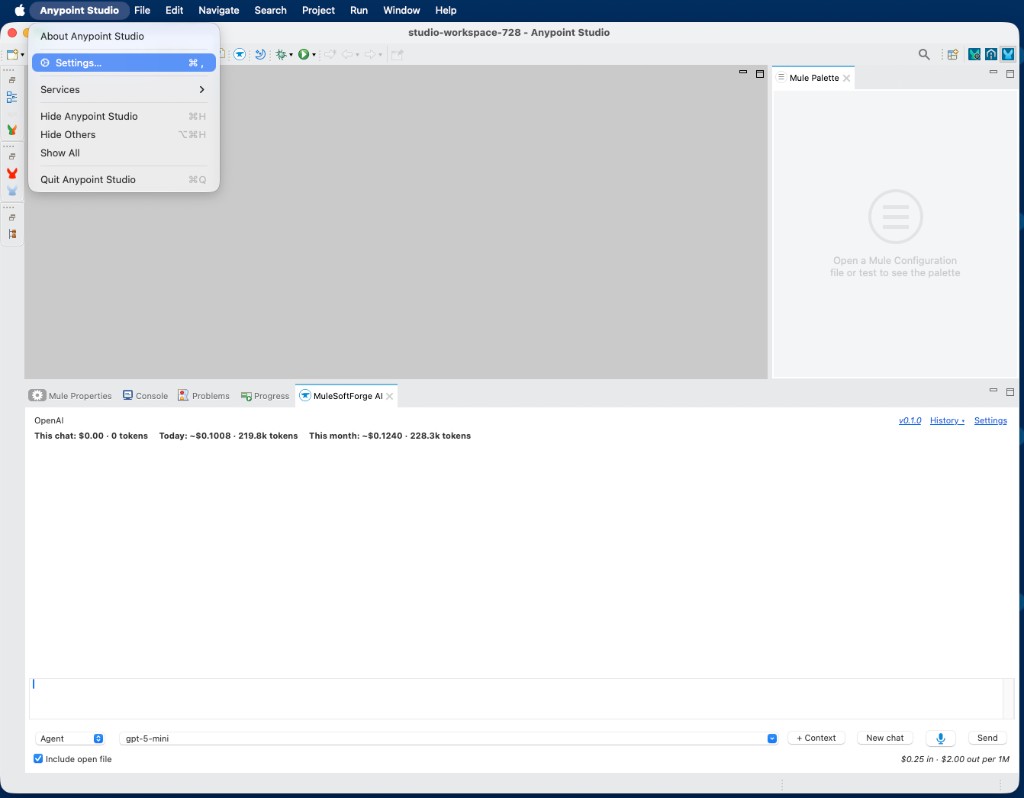 Anypoint Studio menu with Settings selected