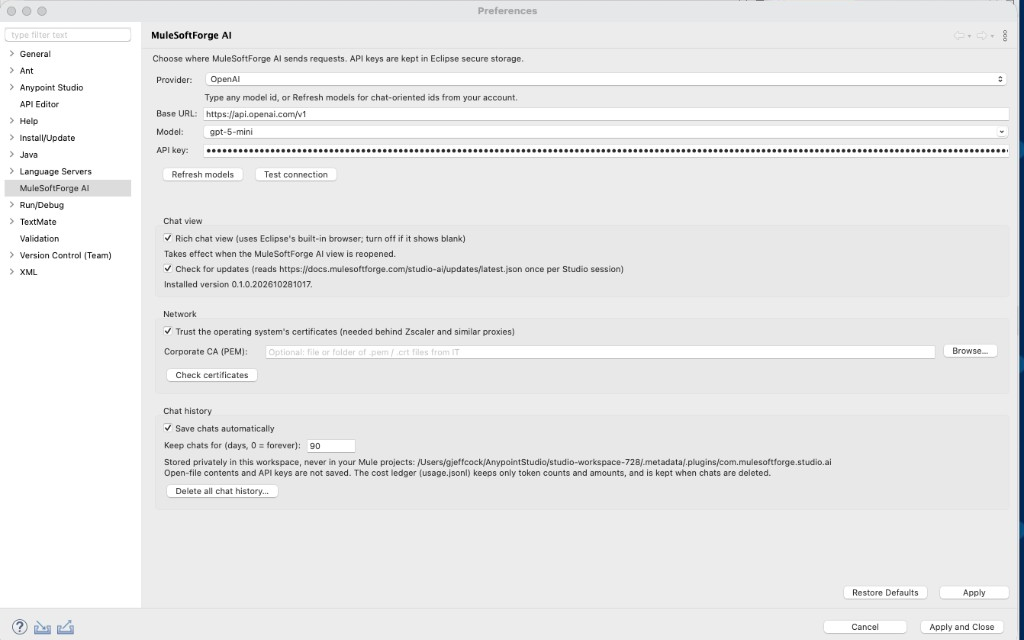 MuleSoftForge AI preferences with OpenAI selected and the API key masked